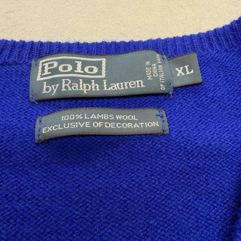 Polo by Ralph Lauren Men's Blue V-Neck 100% Lambs Wool Knit Sweater XL